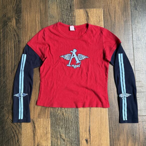 Y2K Bratz Style Angel Shirt JES Red Blue Layered Long Sleeve Juniors L XS-S Fit - Picture 1 of 10